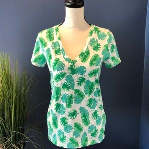 J Crew Slub V Neck Tee Fig Leaf Print